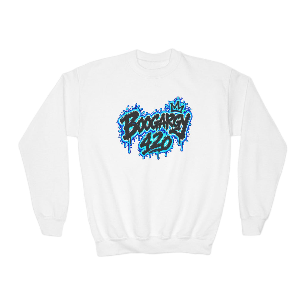 Youth Crewneck Sweatshirt — Blue Graffiti “Boogarry 420 / Boogarry GQ” Streetwear