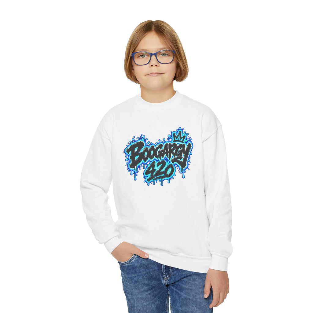 Youth Crewneck Sweatshirt — Blue Graffiti “Boogarry 420 / Boogarry GQ” Streetwear